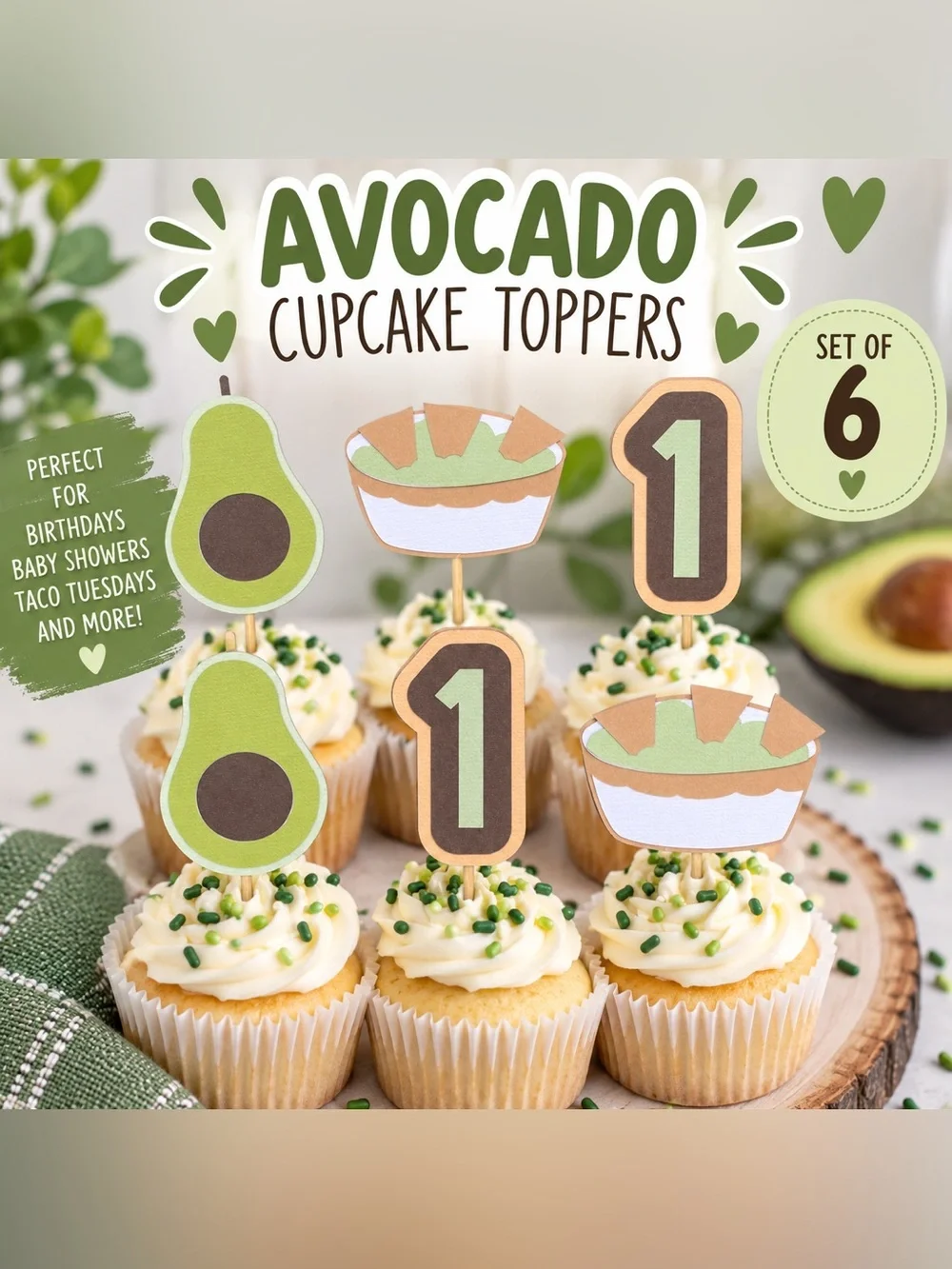 Avocado First Birthday Cupcake Toppers Set of 6 Guacamole Taco Party One